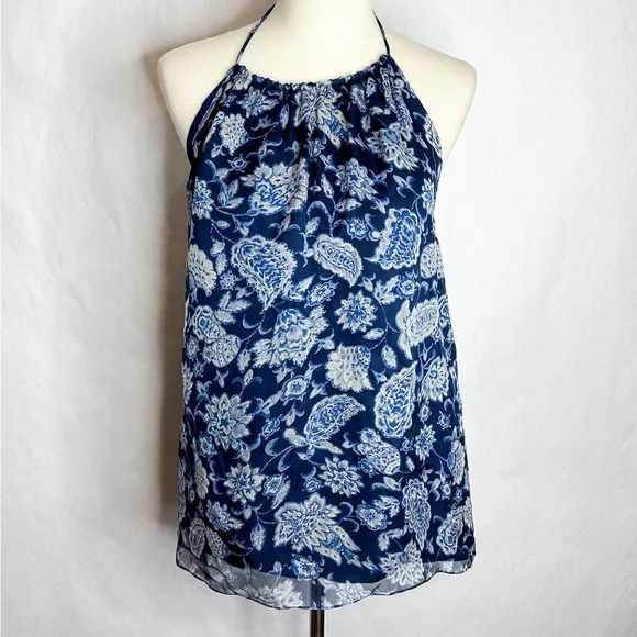 NWT Alice + Olivia Blue White Paisley Floral Silk Halter Y2K Top Blouse Medium - Picture 6 of 16